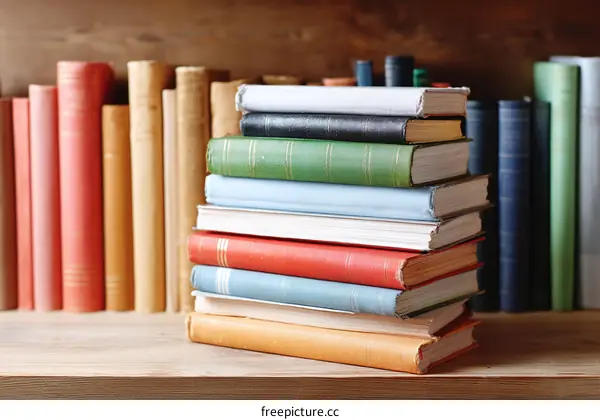 Stacked Books on Wooden Shelf