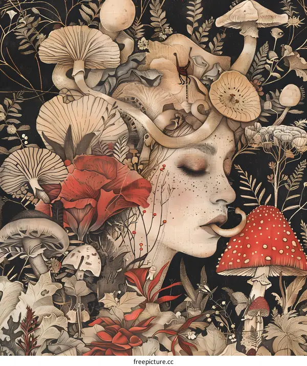 Woman Surrounded by Mushrooms and Flowers