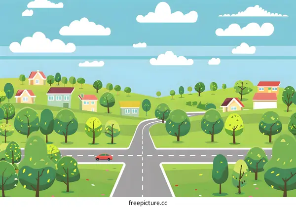 Cartoon Illustration Of A Small Town With Houses, Trees And A Winding Road