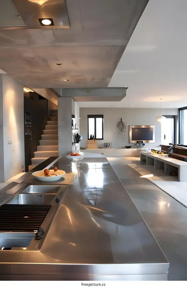 Modern Minimalist Kitchen Interior Design With Concrete Ceiling And Stainless Steel Countertop