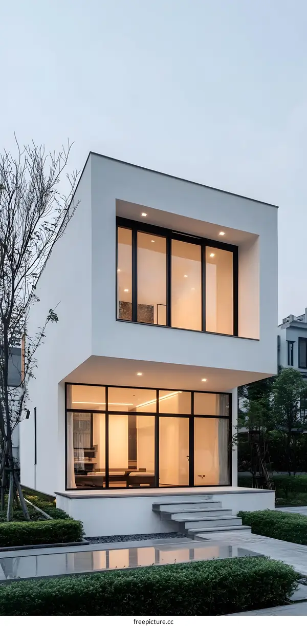 Modern White House with Large Windows and Minimalist Design