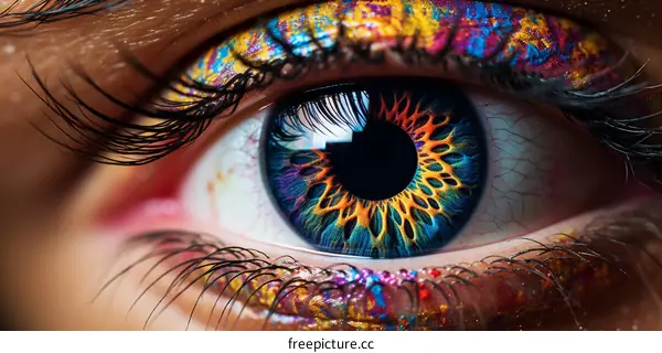Close-Up of Vibrant Eye Makeup on Woman's Eye