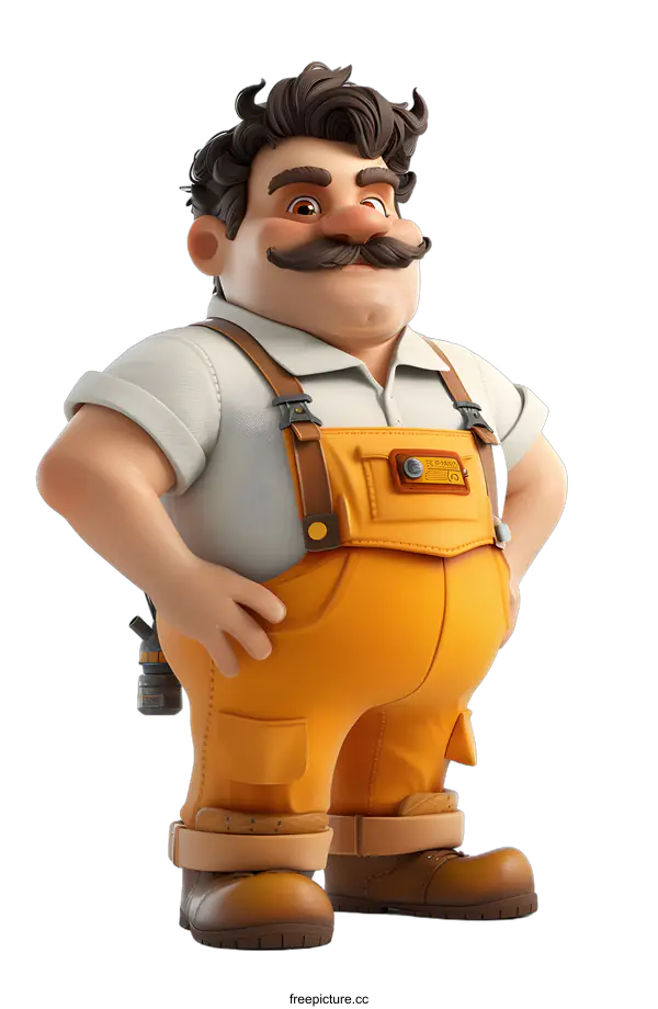 [Transparent Background PNG]Cartoon Illustration of a Construction Worker with a Mustache