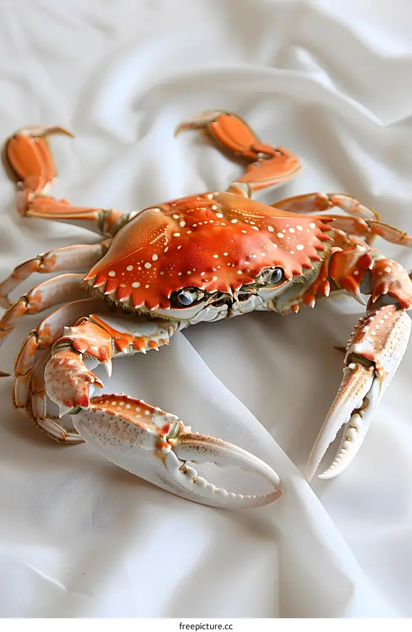 A close up of a red crab on a white background