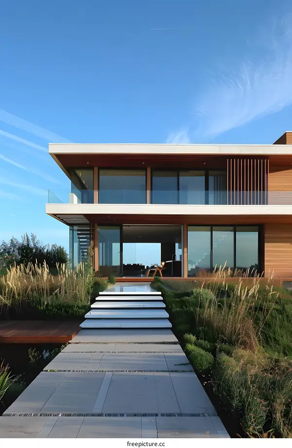 Modern Home With Large Windows and Steps Leading To The Front Door
