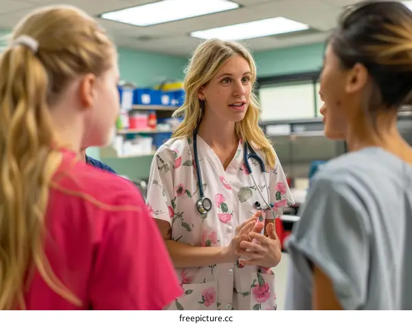 Three people in a hospital room