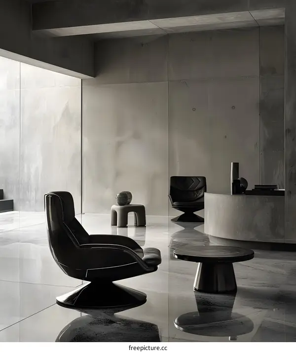 Modern Interior Design With Grey Walls And Black Leather Chairs
