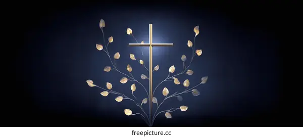 Golden Cross with Leaves Religious Symbol