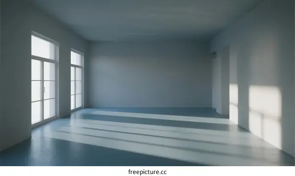 Empty room with large windows and light casting shadows