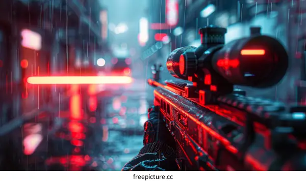 A soldier aiming a sniper rifle down a city street.