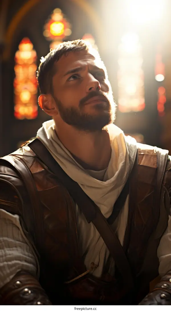 A Man Gazing at Stained Glass Windows in a Tranquil Church
