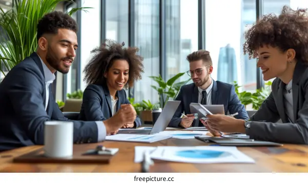 Multiethnic business people discussing financial reports in modern office