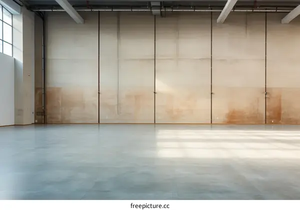 Large empty warehouse with concrete walls and tiled floor