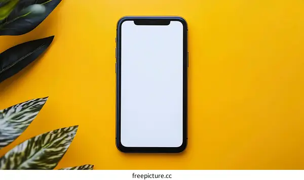 Black Smartphone on Yellow Background with Green Leaves