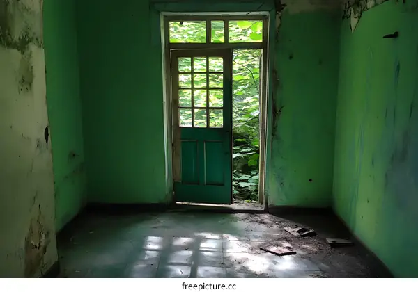 Abandoned Room With Green Door and Sunlight