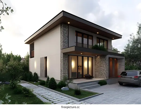 Modern House with Stone Facade and Large Windows