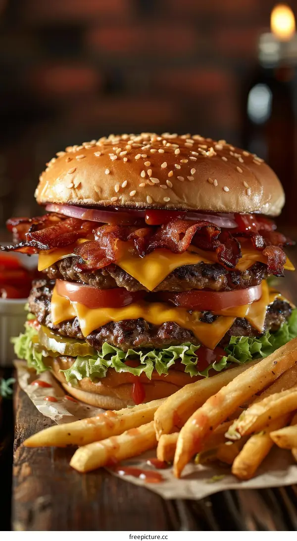 A delicious double cheeseburger with bacon and fries