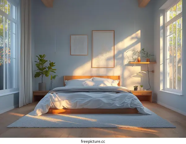 Cozy minimalist bedroom with large windows and plants