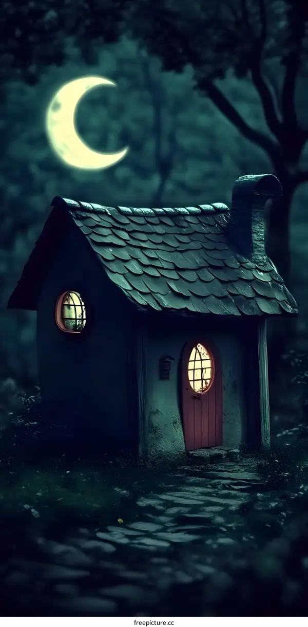 Nighttime Fantasy Cottage with Crescent Moon and Dark Forest