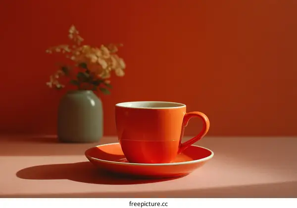 Orange Coffee Cup and Saucer in a Minimalist Setting