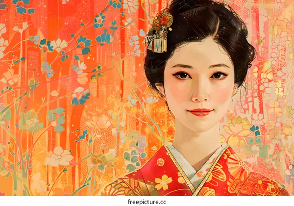 A beautiful Japanese woman in a kimono with a floral pattern on an orange background