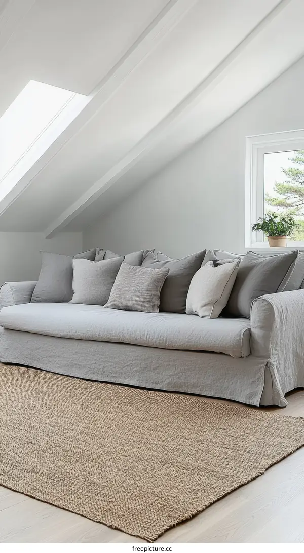 Modern Light Gray Sofa in a Stylish Attic Room