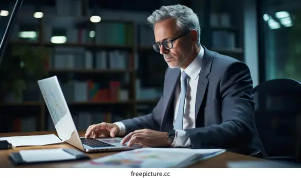Businessman working late on laptop in dark office