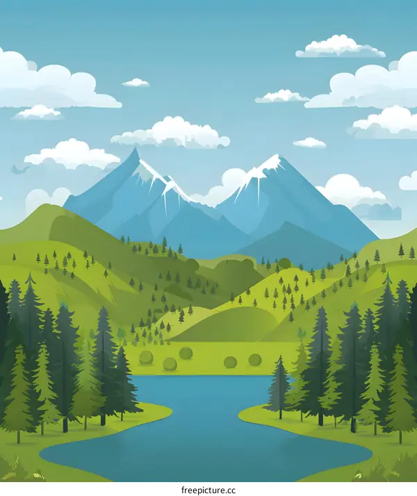 Mountains Landscape with River and Forest