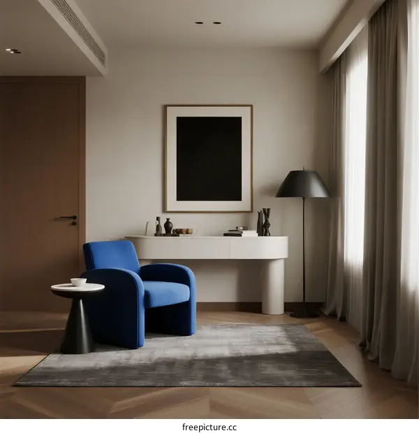 Minimalist Blue Armchair in Modern Living Room Interior Design