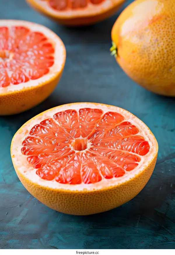 Freshly Cut Ripe Grapefruit on Blue Background