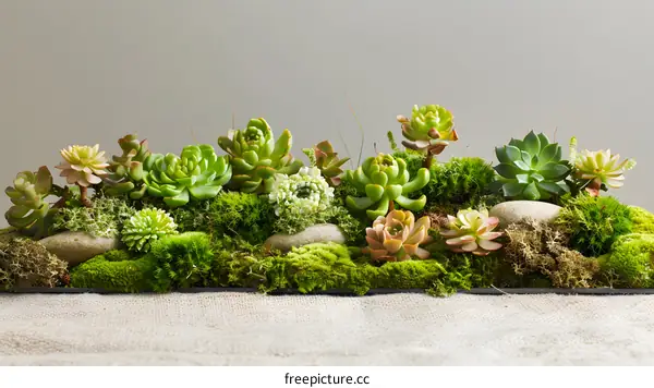 Succulents and Moss in a Rectangular Planter