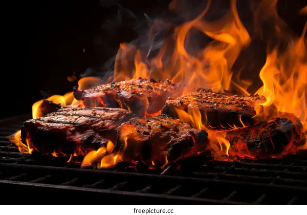 Grilled meat on fire