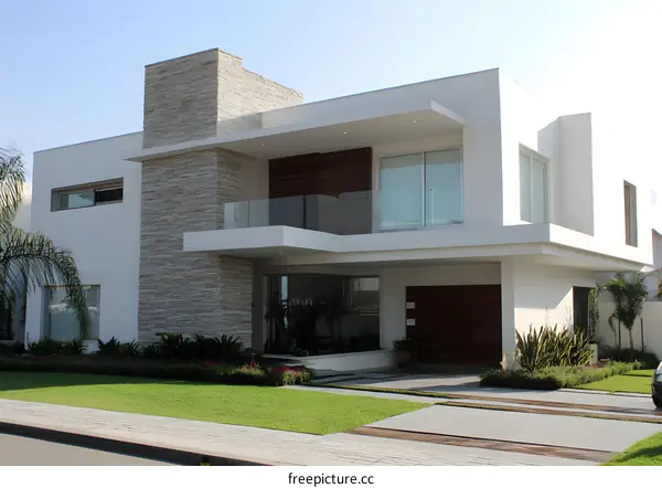 Modern White House with Stone Wall and Palm Trees