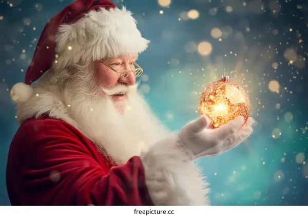 Santa Claus holding a glowing Christmas ball