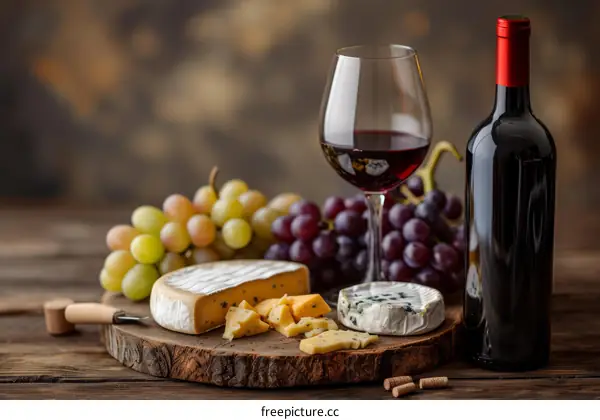 Red wine and cheese composition. Brie, camembert and grapes on a wooden board. Still life photography.