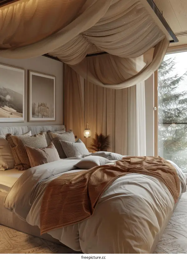 Elegant Beige and Brown Bedroom with Drapery