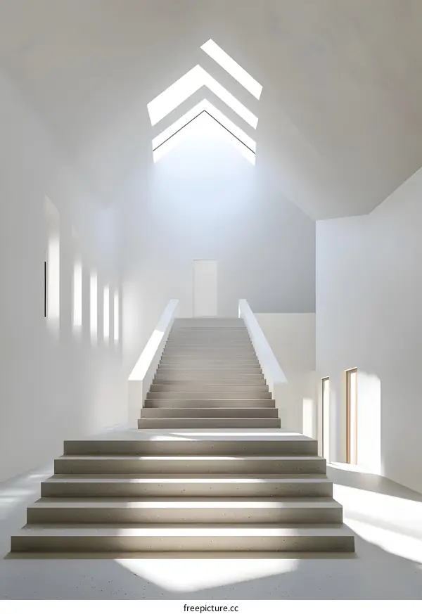 Minimalist Modern Staircase Interior Design With White Walls And Skylights