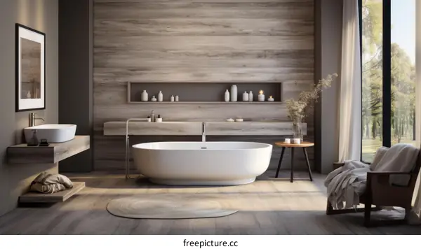Bathroom interior with natural materials and large windows