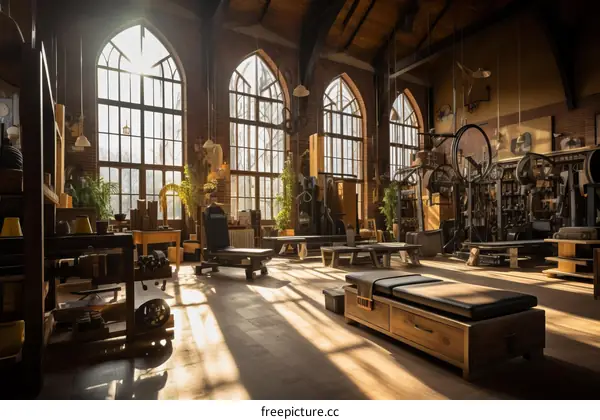 Retro fitness center with wooden exercise equipment