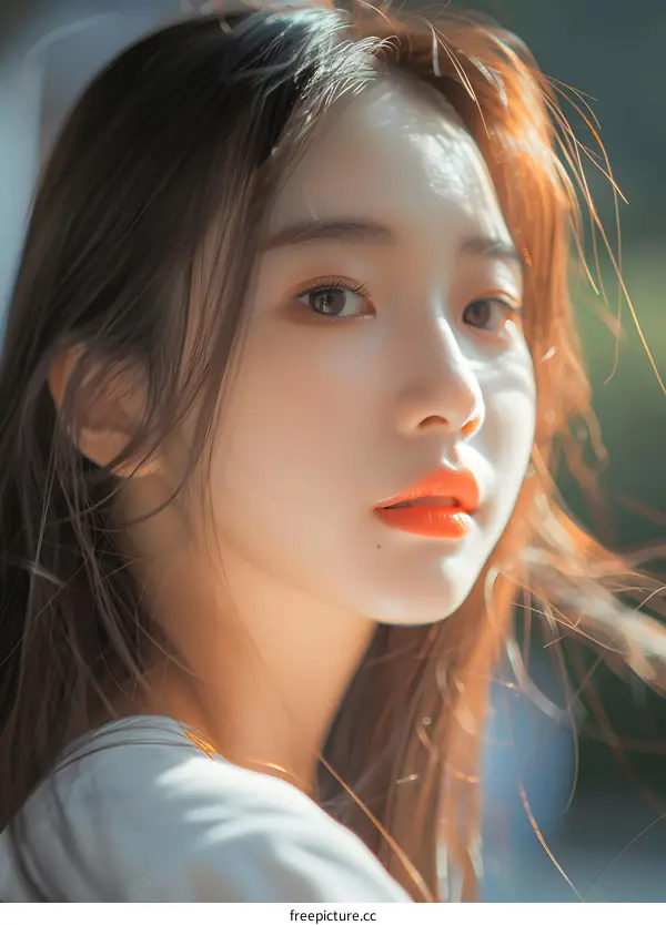 Portrait of a Young Woman with Long Hair and Orange Lipstick