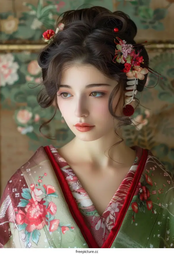 Beautiful Woman in Kimono with Floral Headpiece