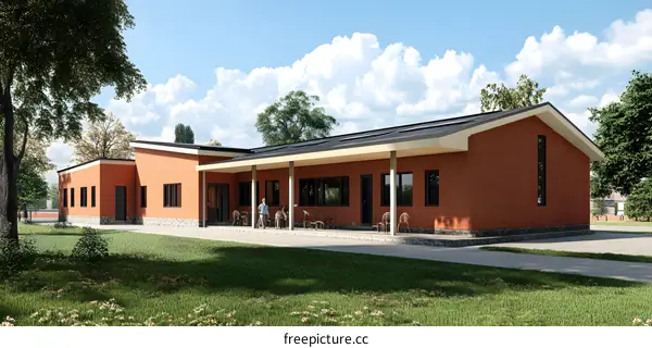 Modern Brick Building with Covered Patio and Green Grass