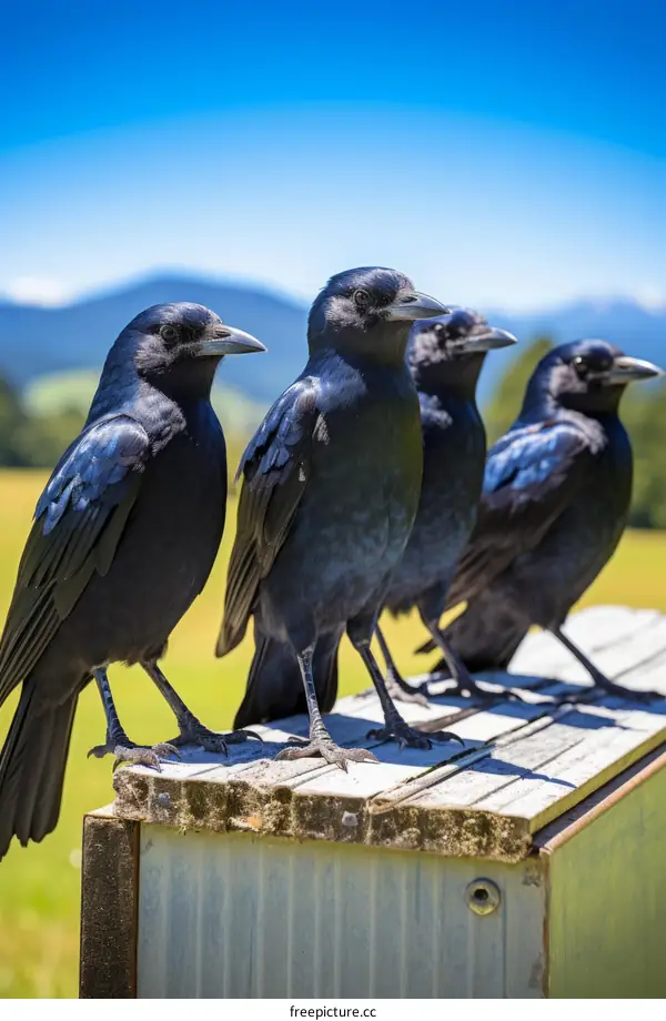 Four black crows perched on a wooden fence