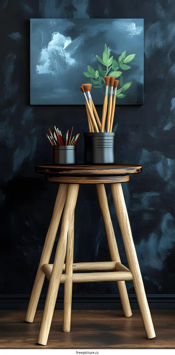 Wooden Stool With Paintbrushes and a Canvas