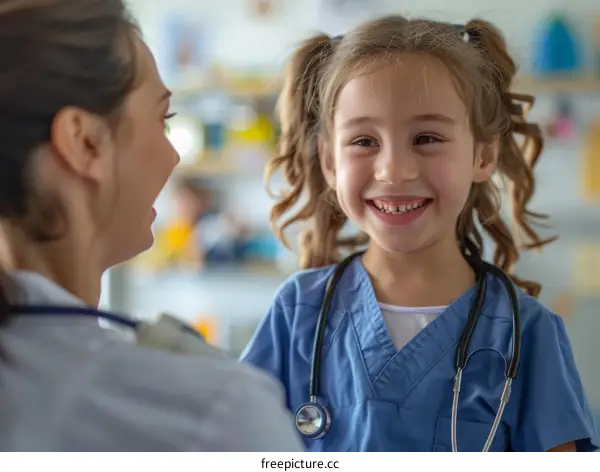 Little girl dressed as a doctor smiling at another person