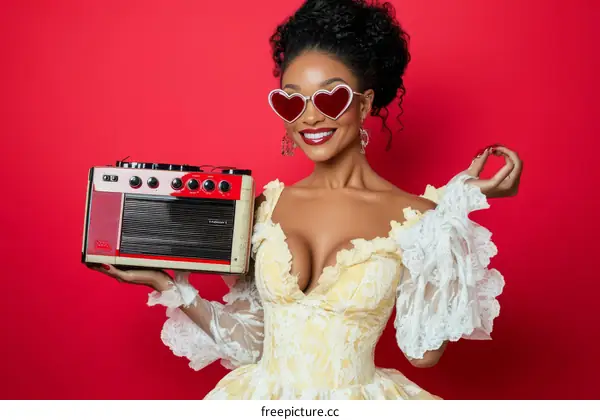 Woman holding vintage radio in stylish outfit against red background