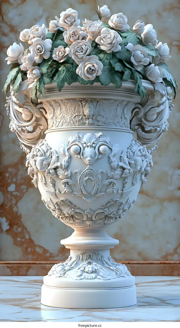 White Ornate Vase with Rose Flowers
