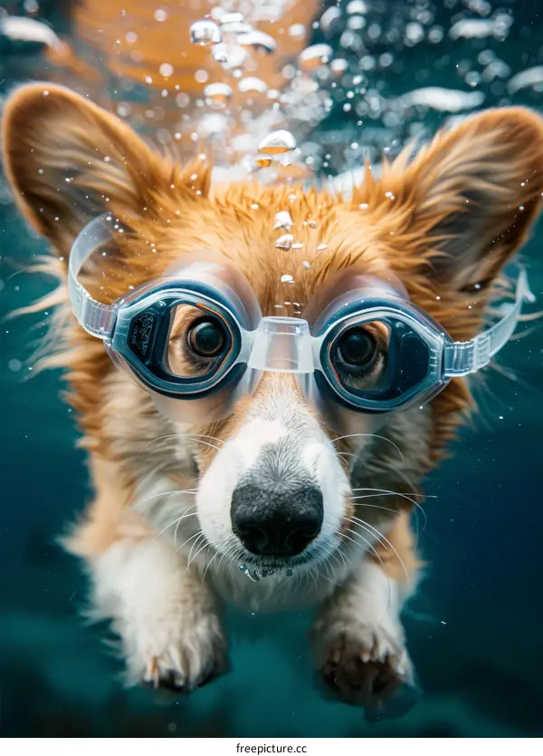 A cute corgi dog is swimming underwater wearing goggles