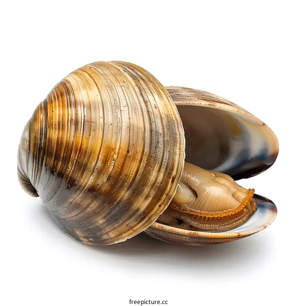 A close-up image of a geoduck clam on a white background