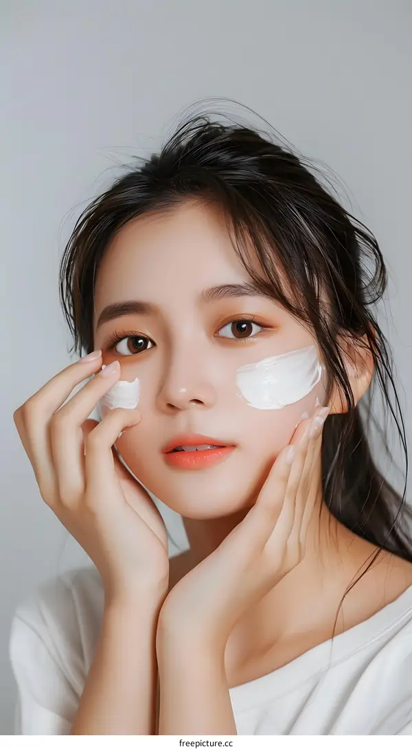 Young Asian Woman Applying Facial Mask on Face
